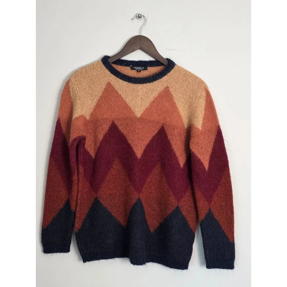 Gemelli Sweater Size‎ S Italian Mohair Brown Blue Red Chevron Pattern Crewneck